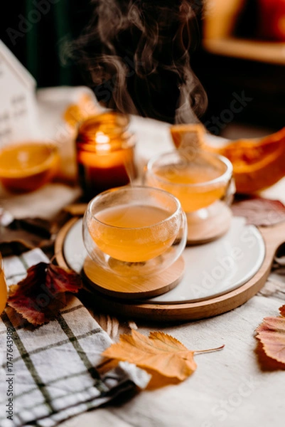 Obraz Cozy autumn table with two glass cups of steaming pumpkin tea and fall leaves. Warm peaceful home scene.