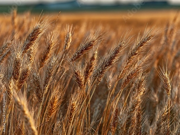 Obraz Close-up of golden wheat stalks in foreground, expansive field of tall yellowish-brown grasses under soft sunlight, shot with EOS R5 camera and f/2 lens