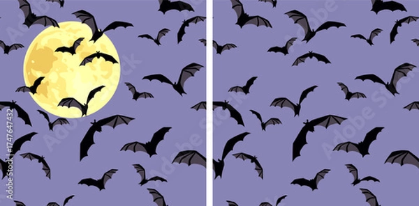 Fototapeta Halloween seamless patterns with black flying bats in a purple sky background. Two compatible patterns with and without the moon. Vector season prints