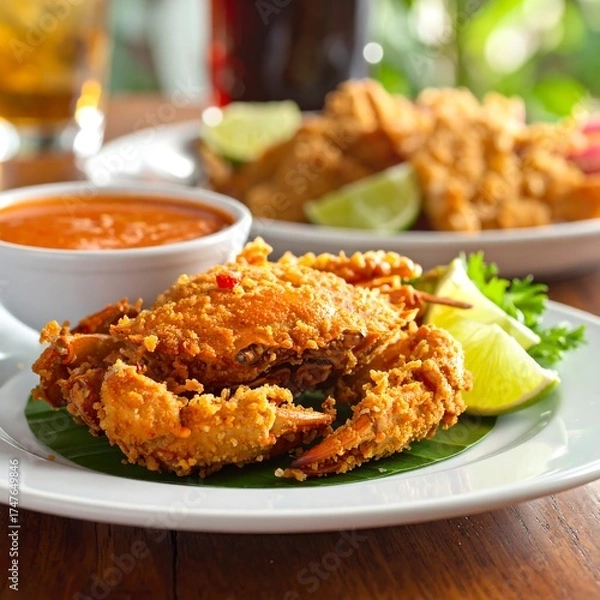 Obraz Crispy crab dish on banana leaf