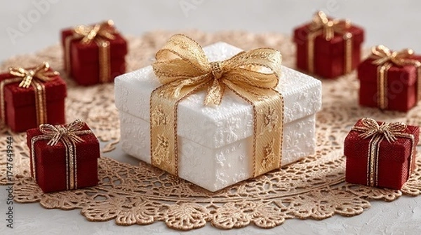 Fototapeta White gift box with gold ribbon surrounded by small red gift boxes on a decorative doily festive scene with copy space for Christmas New Year birthdays greeting cards web banners and product mockups