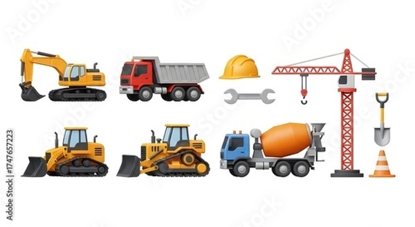 Fototapeta Construction Equipment Vector Set — Heavy Machinery, Tools, and Safety Icons in Flat Design