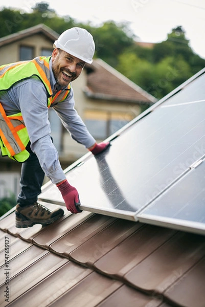 Obraz Happy solar panel engineer working on rooftop and looking at camera.