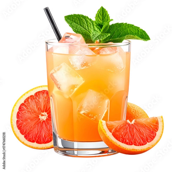 Obraz Refreshing citrus cocktail with grapefruit wedges, ice cubes, mint garnish, and a straw