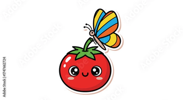Fototapeta Delightful friendship of a happy tomato and a colorful butterfly with minimalist style cartoon