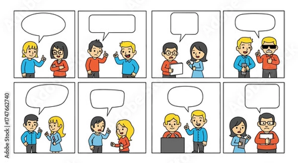 Fototapeta Comic strip layout depicting characters in conversation, using speech bubbles for creative