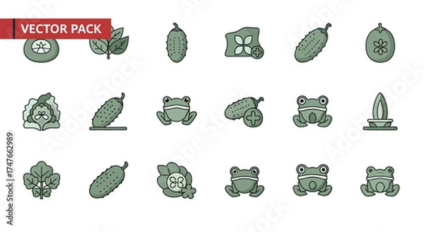 Fototapeta Illustrated icons pack featuring vegetables like cucumbers and cute frog characters in a