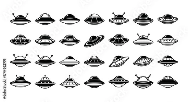 Fototapeta Outlined ufo icons spread over a white backdrop in various shapes and designs