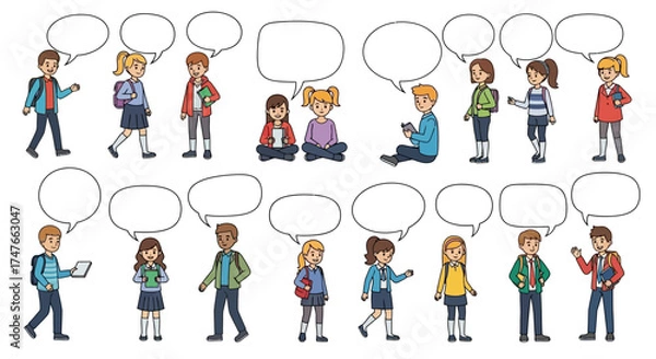 Fototapeta Diverse cartoon school kids in various poses with speech bubbles perfect for educational content