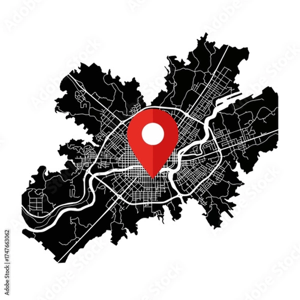 Fototapeta Detailed city map illustration with a prominent location marker creating a visual point of interest