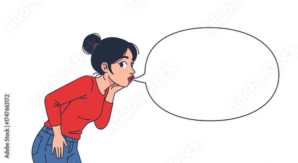 Fototapeta Cartoon woman with a speech bubble for inserting text conveying urgent message