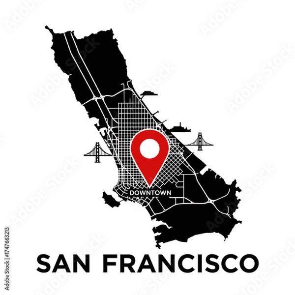 Fototapeta San Francisco urban planning vector map highlighting downtown area with landmarks and streets
