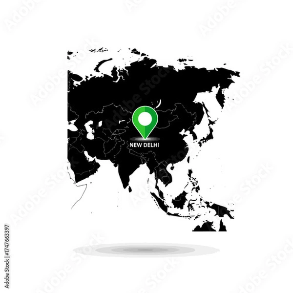 Fototapeta Geographic representation of Asia with a green pointer focused on New Delhi location