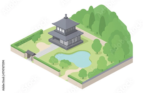 Obraz 建築物のある自然豊かな風景|アイソメトリックのイラスト