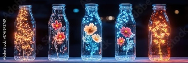 Obraz Bottled blooms with lights, arranged decoratively