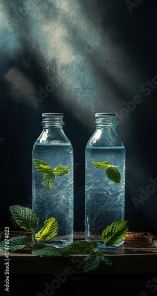 Obraz Two clear bottles with water and mint, dramatic lighting