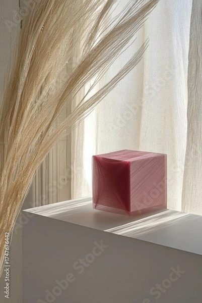 Obraz Pink cube & reeds, soft window light on white surface