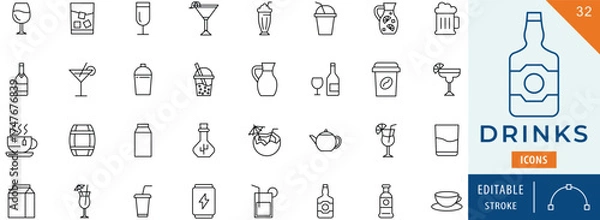 Fototapeta Drinks icon collection set. Editable stroke.