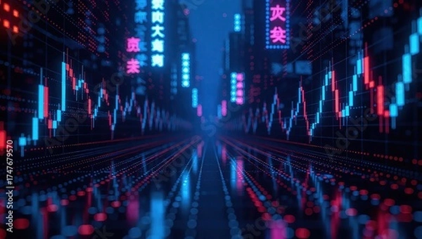 Obraz Futuristic Cityscape with Neon Stock Market Charts.