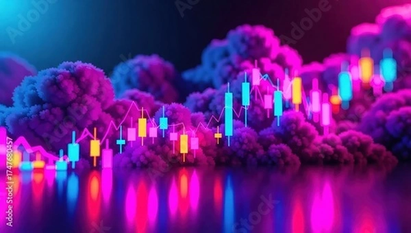 Fototapeta Futuristic Neon Stock Market Candlestick Chart in Clouds.