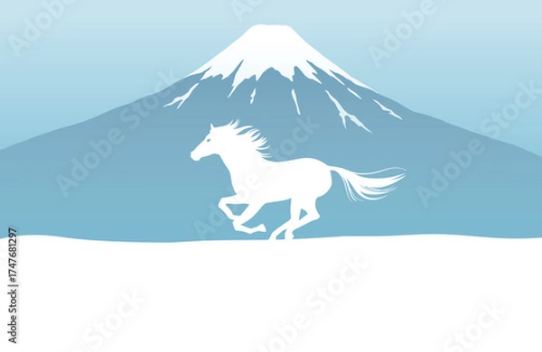Obraz 午年の年賀状テンプレート　雪景色の富士山と駆ける馬　コピースペース