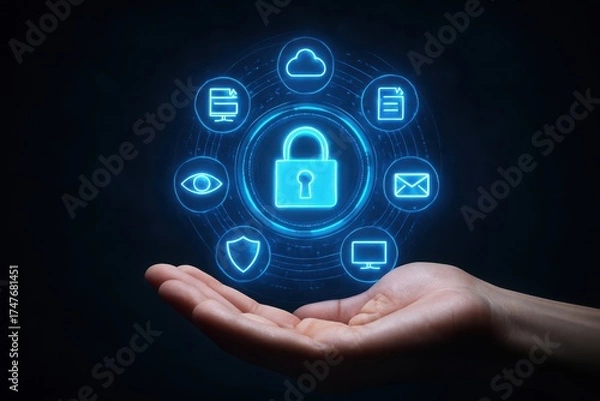 Fototapeta Hand holding glowing blue holographic security icons forming a digital network and padlock