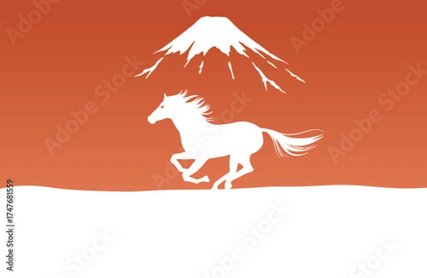 Obraz 午年の年賀状テンプレート　雪景色の富士山と駆ける馬　コピースペース