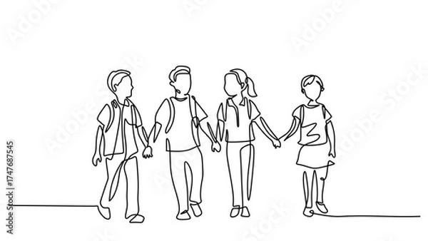 Obraz Continuous One Line Drawing Students Walking with Friends. School Friendship Concept.