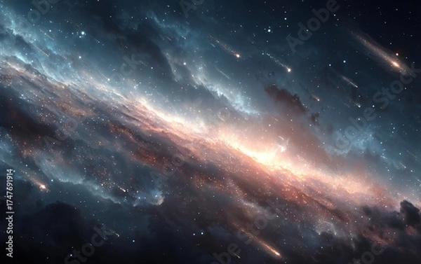 Fototapeta Enchanting nebula with stars in the sky against a space background with glowing dust streaks