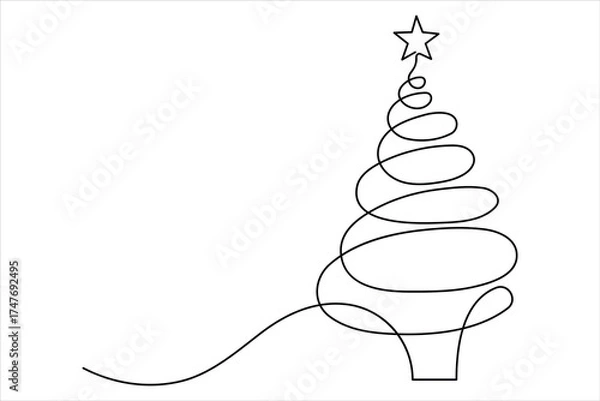 Fototapeta Christmas tree continuous one line art drawing of single line vector illustration
