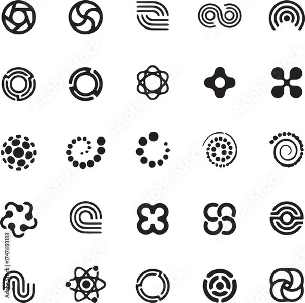 Fototapeta A vector illustration set of black and white icons featuring a gear, flower, clock, and football design