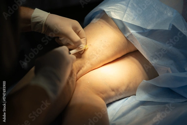 Fototapeta Doctor performing sclerotherapy procedure with syringe, treating varicose veins on patient’s leg. Medical treatment concept.