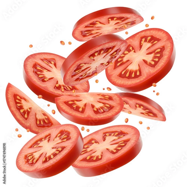 Fototapeta Fresh Tomato Slices Falling Isolated Photo Realistic Red