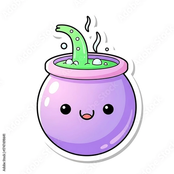 Obraz Cute Kawaii Cauldron with Green Potion and Tentacle Sticker.