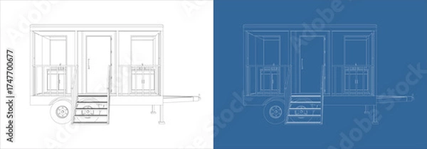 Fototapeta Portable Restroom Trailer Blueprint Side Elevation Technical Drawing