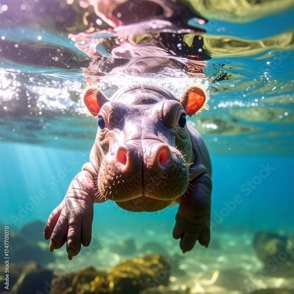 Obraz Baby hippo underwater