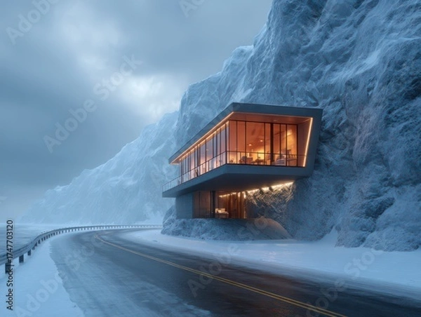 Fototapeta Modern Mountain Retreat: An architecturally striking home clings to a rugged mountain face, its warm interior lights contrasting beautifully with the cold, snowy landscape, the road leading towards. 