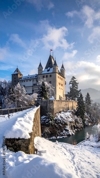 Obraz Snowy castle by a river