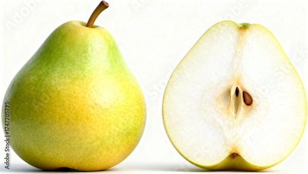Fototapeta Hyper-Realistic Pear Whole and Sliced Cross Section on White Background 