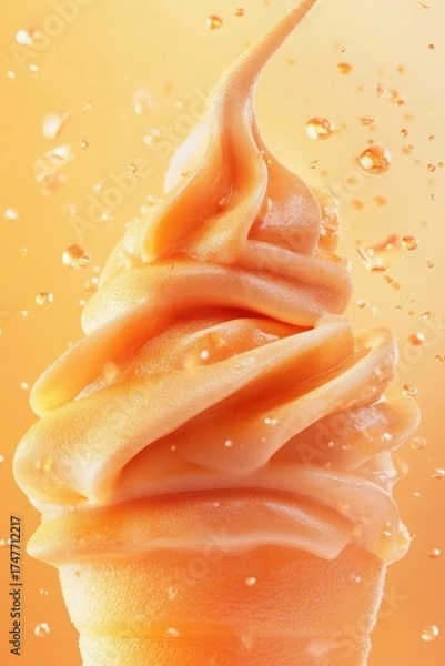 Fototapeta Orange swirl ice cream in cone with splash effect perfect for dynamic dessert ads and summer promotional visuals