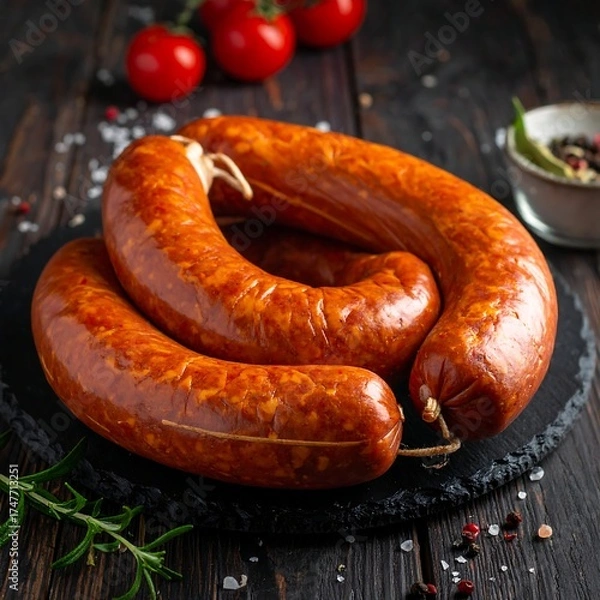 Obraz Two sausages on a dark slate board