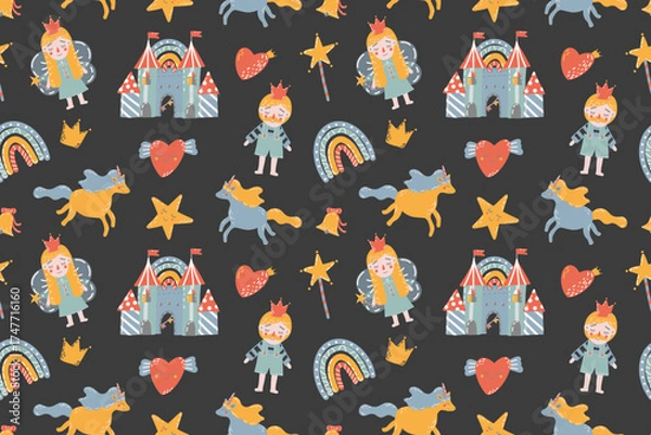 Obraz Little fairy-tale kingdom: prince and princess, castle, unicorns, hearts, seamless pattern. Hand-drawn in playful child-friendly style, pastel bright palette on dark background