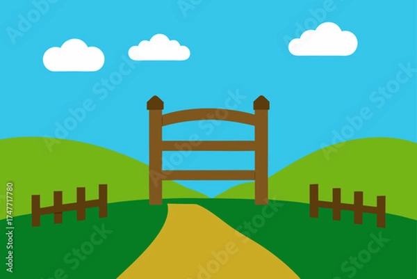 Fototapeta Illustration of a gate in a field with blue sky