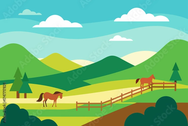 Fototapeta Horses in a green landscape with hills and clouds