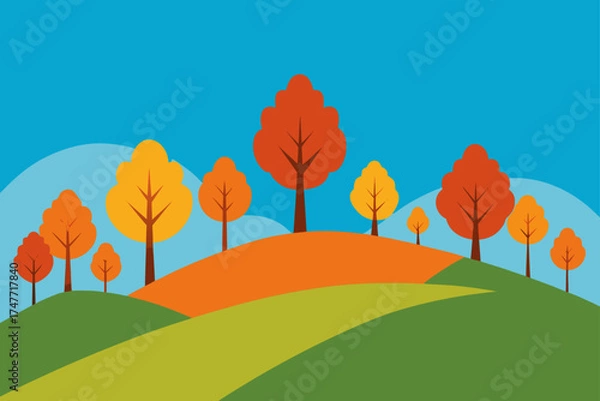 Fototapeta Illustration of autumn trees on rolling hills scene
