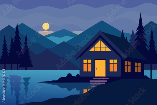 Fototapeta Cabin by the lake at night with mountains and moon