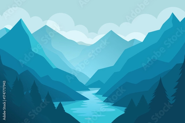 Fototapeta Landscape view of mountains river and trees in blue