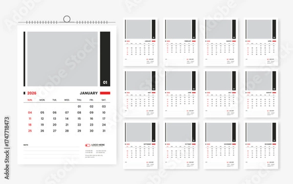 Fototapeta 12 page calendar design for 2026, 2026 corporate calendar template