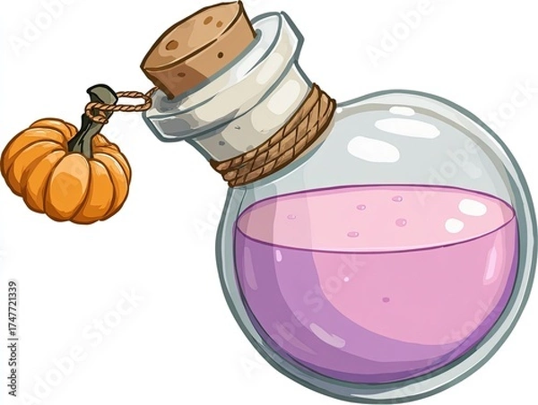 Fototapeta Cartoon alchemy potion bottle game icon with pink purple liquid and pumpkin charm, flat vector transparent background