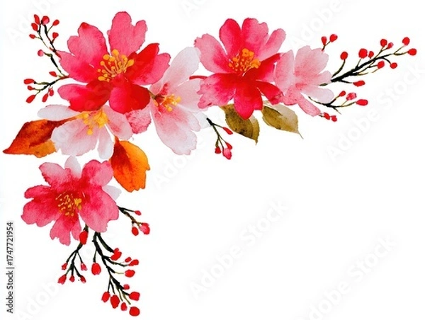 Fototapeta Watercolor Pink and Red Floral Corner Decoration with Transparent Background for Invitations and Web Design